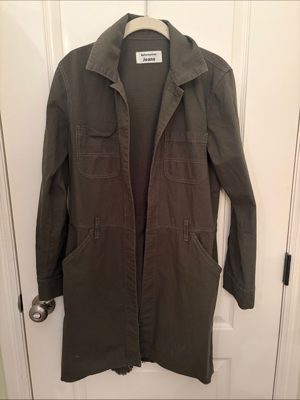 Reformation Olive Green  Utility Coat-with distressed frayed hem. Missing belt.